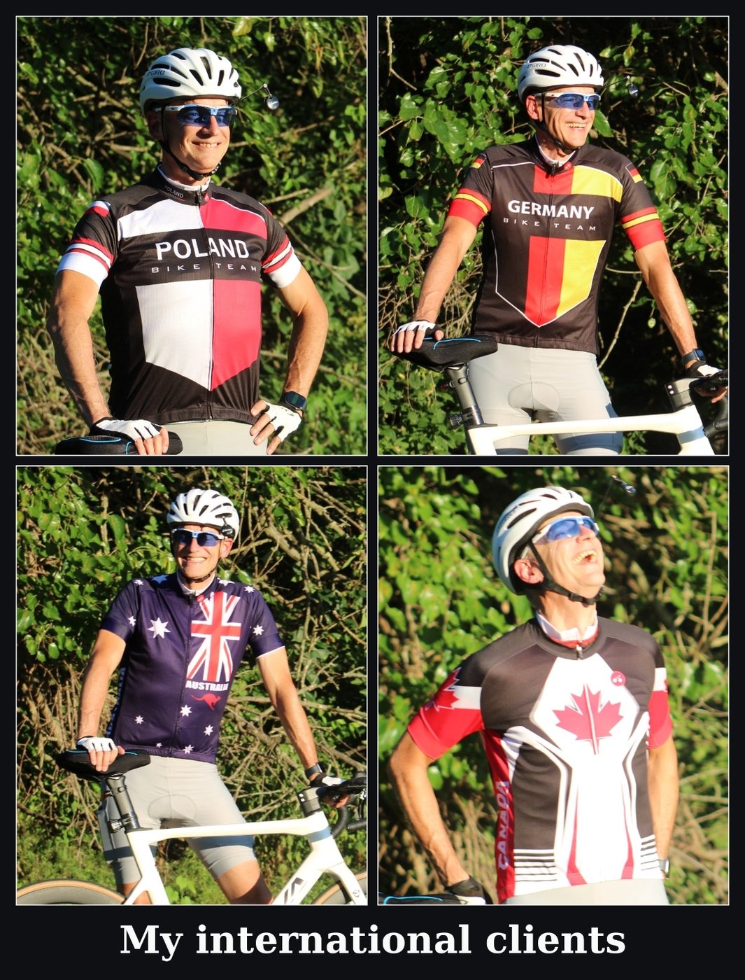 Four-photo collage of Wayne Kennedy in Poland, Germany, Australia, and Canada cycling jerseys, captioned My international clients